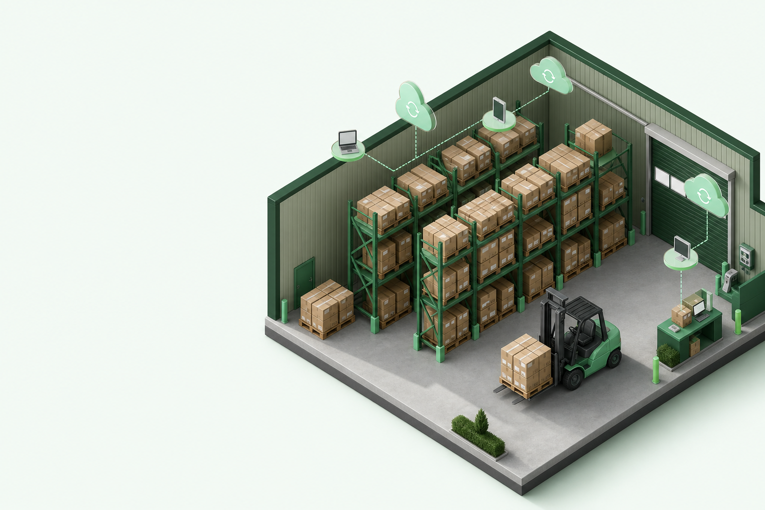 Interior de bodega con racks y sincronización multicanal
